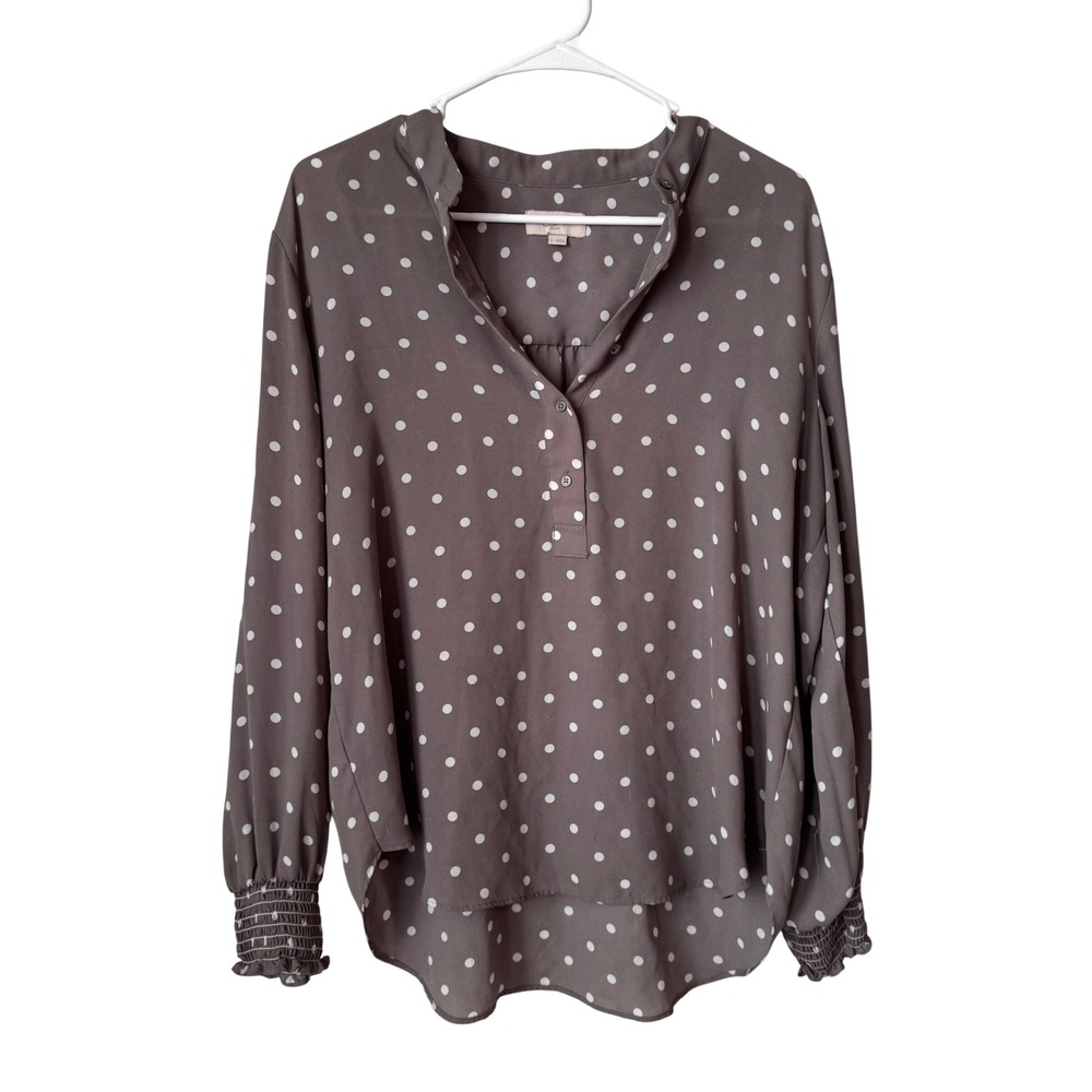 Loft Outlet Polka Dot Henley Blouse Taupe Grey Smocked Cuff Long Sleeve Top L